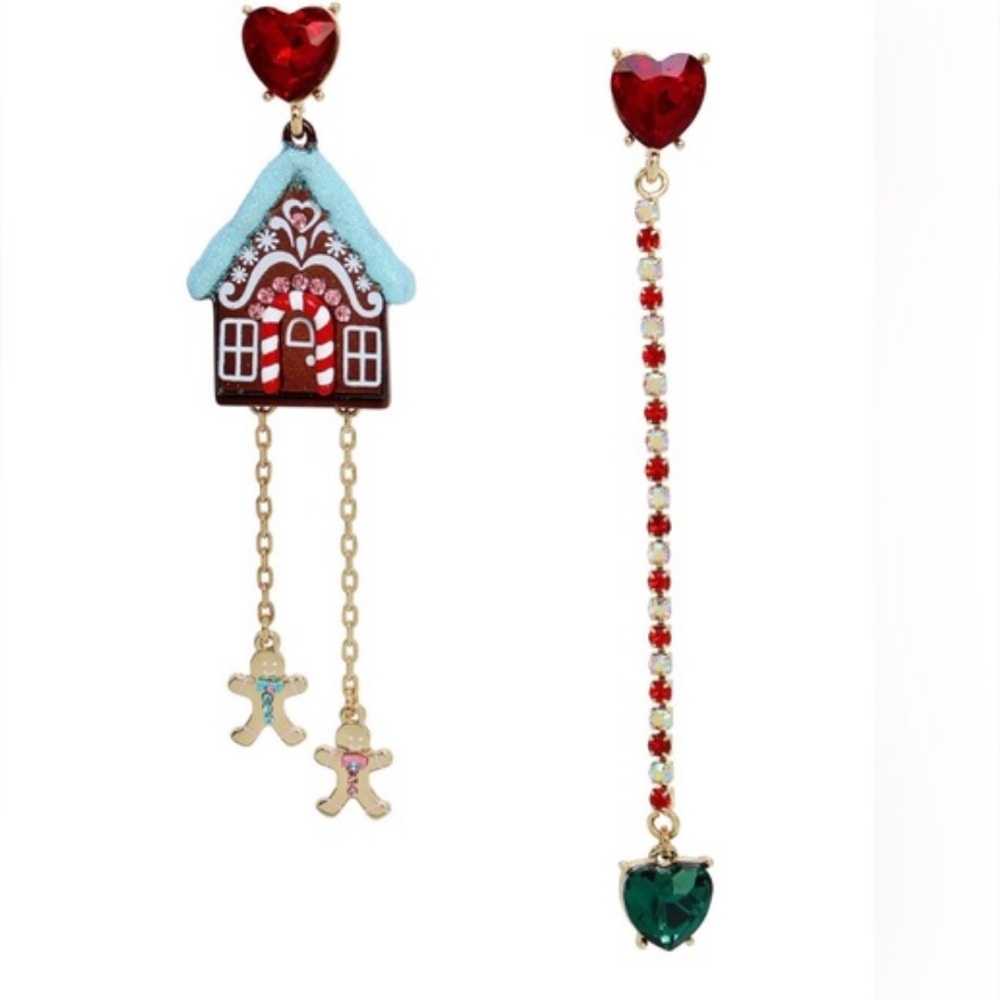 Betsey Johnson Jingle Bell Bling Christmas Gingerbread Mismatch Dangle Earrings